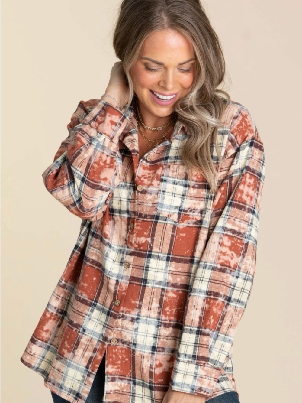 Mello Rust Plaid Button-Up Shirt Jacket - Cut Out Stars on Back Women sz Small
